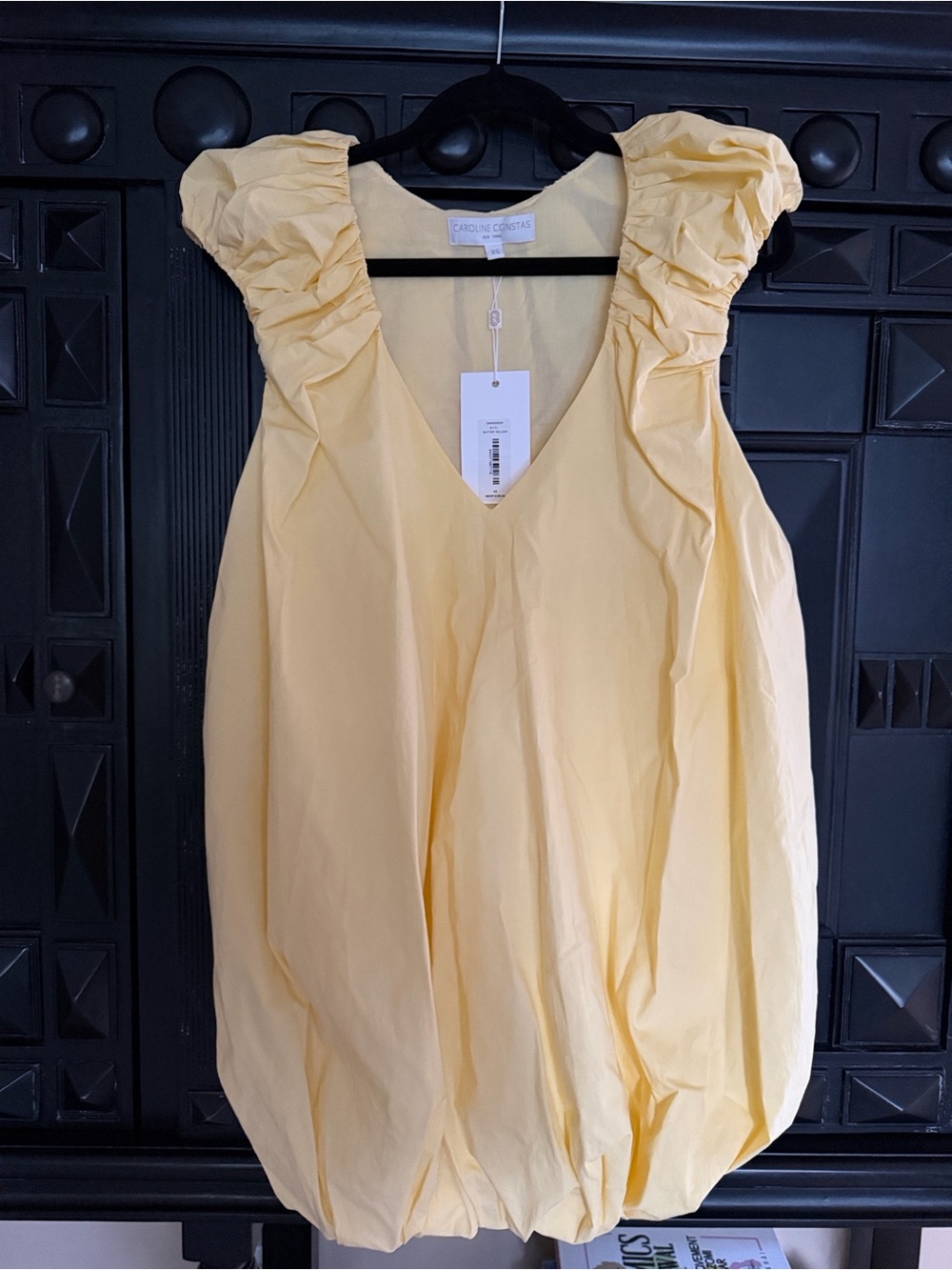 NWT Caroline Constas Pale Yellow Ruffle-Sleeve V-Neck Balloon Dress